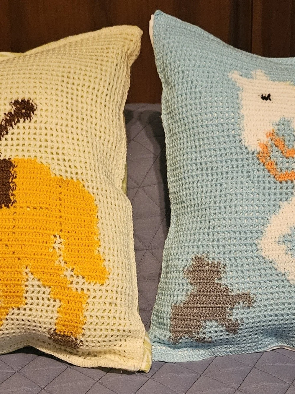Yellow and Light Blue Hand-Crocheted Horseman and Dog Accent Pillow Covers